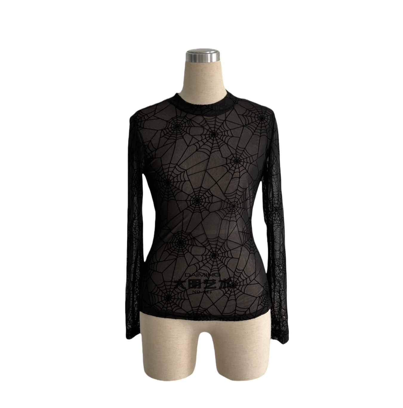 Elegant Long Sleeved Mesh Sheer T-Shirt Womens High Neck Black Slim Basic Top